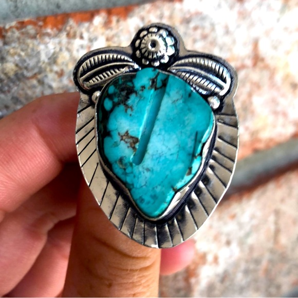 Boho Handmade Sterling Silver 925 Ornate Blue Turquoise Statement Ring Size 6 - Picture 1 of 7